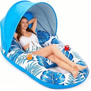 image:imageJasonwell Pool Float with Canopy  Inflatable Pool Floaties Adult Lounger Floats Raft Floating Chair with Cup Holders for Swimming Pool Lake Water Lounge Float Beach Pool Party Toys for AdultsBlue