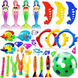 image:imageJasonwell Pool Diving Toys Games  32PCS Swimming Mermaid Pool Toys with Dive Rings Gems Beach Ball Underwater Treasures Torpedo Bandits Fish Swim Toy etc Bath Water Toy Training Gifts for Kids Adult32PCS