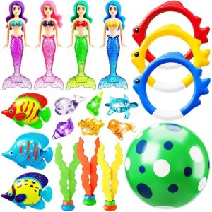 image:imageJasonwell Pool Diving Toys Games  32PCS Swimming Mermaid Pool Toys with Dive Rings Gems Beach Ball Underwater Treasures Torpedo Bandits Fish Swim Toy etc Bath Water Toy Training Gifts for Kids Adult20PCS