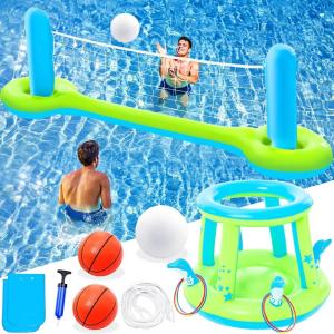 image:imageJasonwell Pool Toys Games Set  3 in 1 Pool Volleyball Net Basketball Hoop Ring Toss Game Inflatable Floats Water Floating Volleyball Swimming Pools Games Party Gift for Kids Adults BlueampYellow XLGreenblue