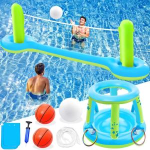 image:imageJasonwell Pool Toys Games Set  3 in 1 Pool Volleyball Net Basketball Hoop Ring Toss Game Inflatable Floats Water Floating Volleyball Swimming Pools Games Party Gift for Kids Adults BlueampYellow XLBlueyellow